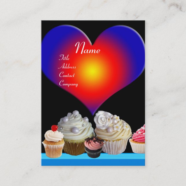 DELICIOUS CUPCAKES DESERT SHOP Blue Red Heart Business Card (Front)