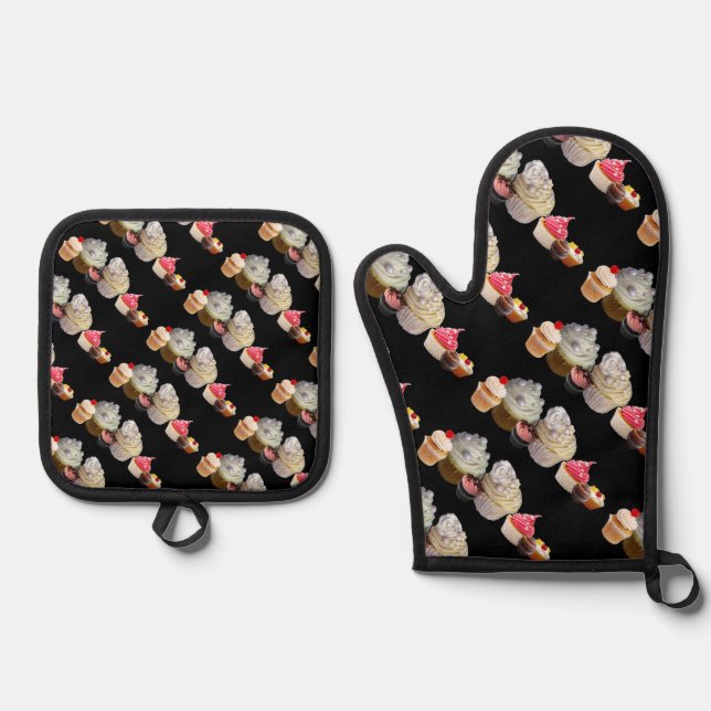 DELICIOUS CUPCAKES DESERT SHOP, Pink Black Fuchsia Oven Mitt & Pot Holder Set (Front)