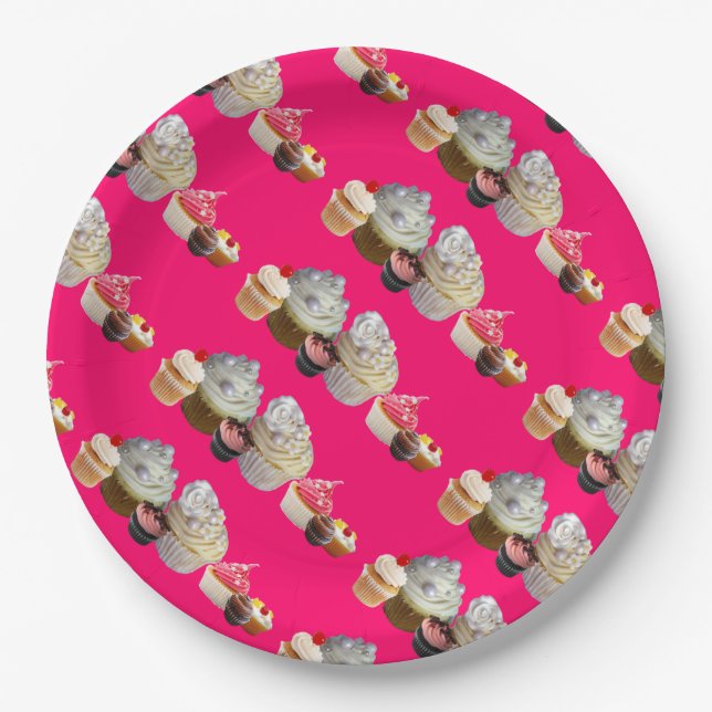 DELICIOUS CUPCAKES DESERT SHOP, Pink,Fuchsia White Paper Plate (Front)