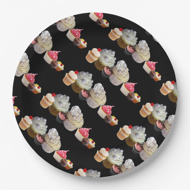 DELICIOUS CUPCAKES DESERT SHOP, Pink,Fuchsia White Paper Plate (Front)