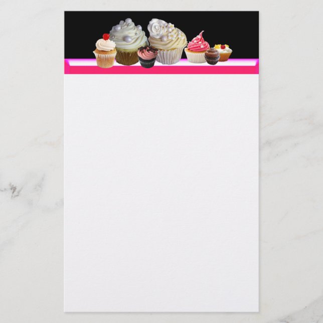 DELICIOUS CUPCAKES DESERT SHOP, Pink,Fuchsia White Stationery (Front)