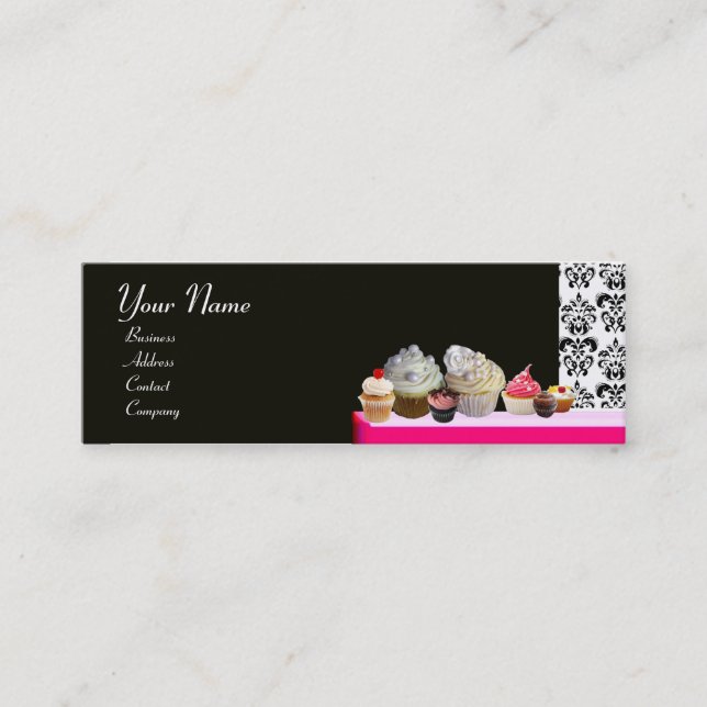 DELICIOUS CUPCAKES DESERT SHOP, Pink Purple Violet Mini Business Card (Front)