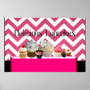 DELICIOUS CUPCAKES DESERT SHOP/ PINK WHITE CHEVRON POSTER