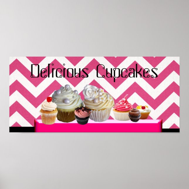 DELICIOUS CUPCAKES DESERT SHOP/ PINK WHITE CHEVRON POSTER (Front)