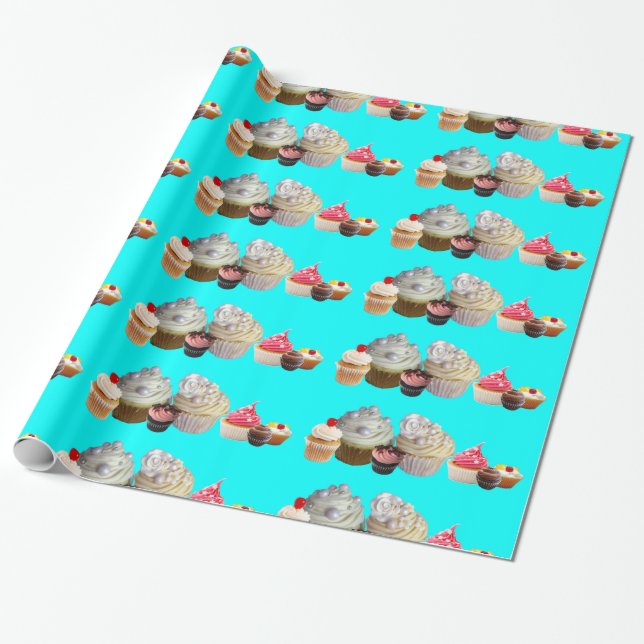 DELICIOUS CUPCAKES DESERT SHOP,Teal Blue White Wrapping Paper (Unrolled)