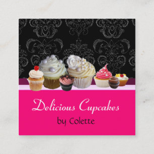 DELICIOUS CUPCAKES,DESERTS,Hot Pink Black Damask Square Business Card