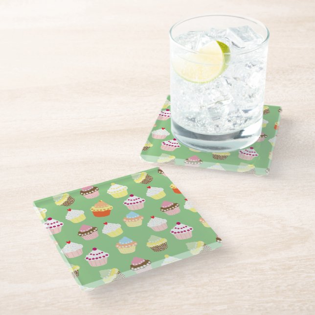 Delicious Decorated Birthday Cupcakes Glass Coaster (Angled)