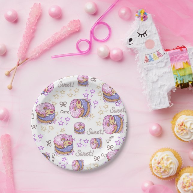 Delicious Donuts Pink purple kids birthday party Paper Plate (Party)