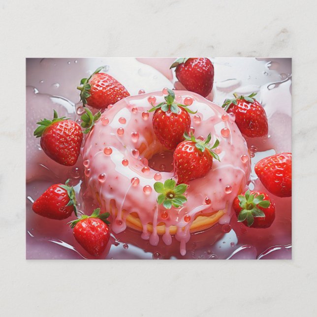Delicious doughnut with sugar glaze, Strawberry Postcard (Front)