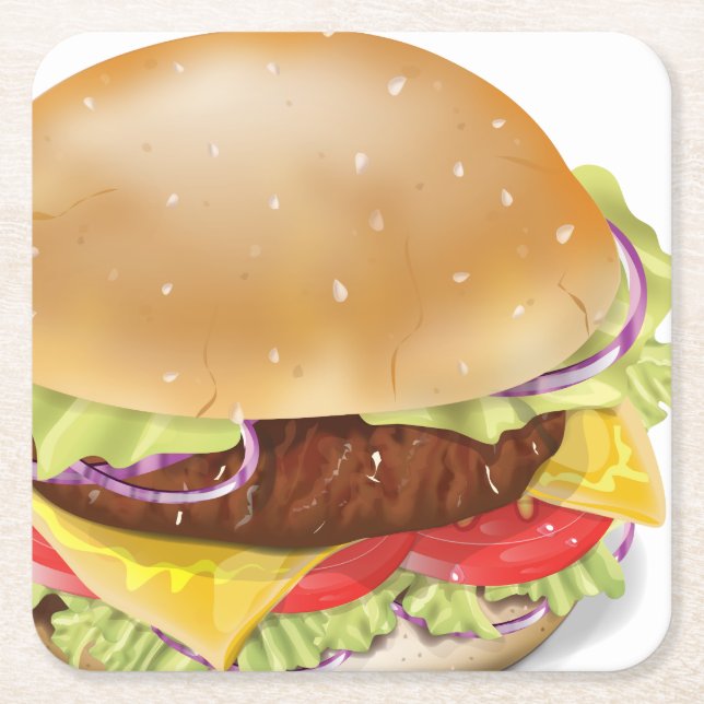 Delicious hamburger or cheeseburger. square paper coaster (Front)