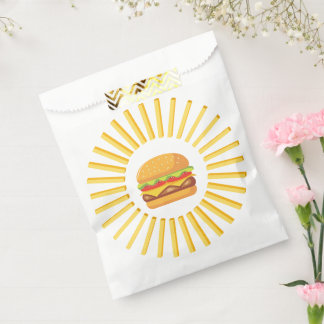 Delicious hamburger with fries favour bags