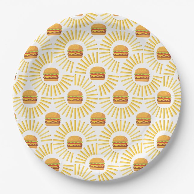 Delicious hamburger with fries paper plate (Front)