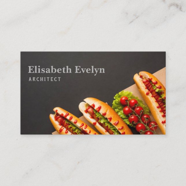 Delicious hot dogs and tomatoes business card (Front)