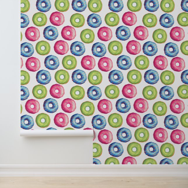 Delicious Pink Blue Green Doughnut Food Pattern Wallpaper (Application)
