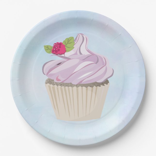 Delicious Pink Cupcake Berry on Top Paper Plate (Front)