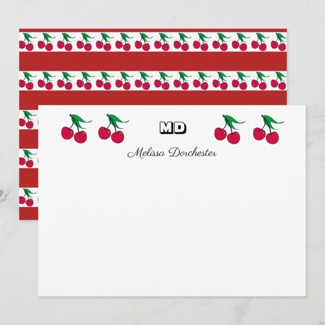 Delicious Red Cherry Monogrammed Card (Front/Back)