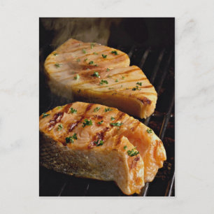 Delicious Salmon steaks on grill Postcard