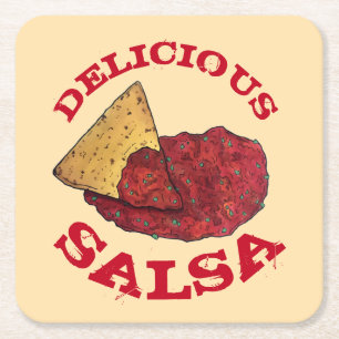 Delicious Tomato Salsa Tortilla Chips Illustration Square Paper Coaster