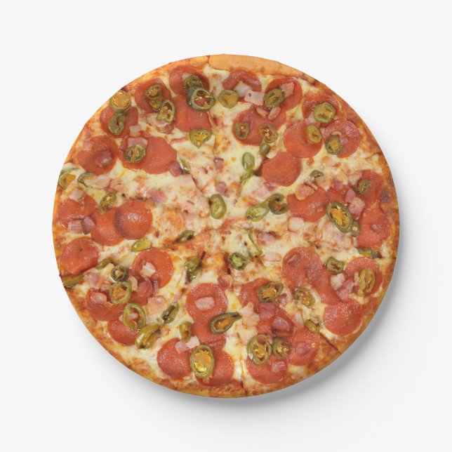 delicious whole pizza pepperoni jalapeno photo paper plate (Front)