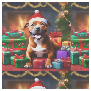 Delighted Staffy With Christmas Presents, Fabric