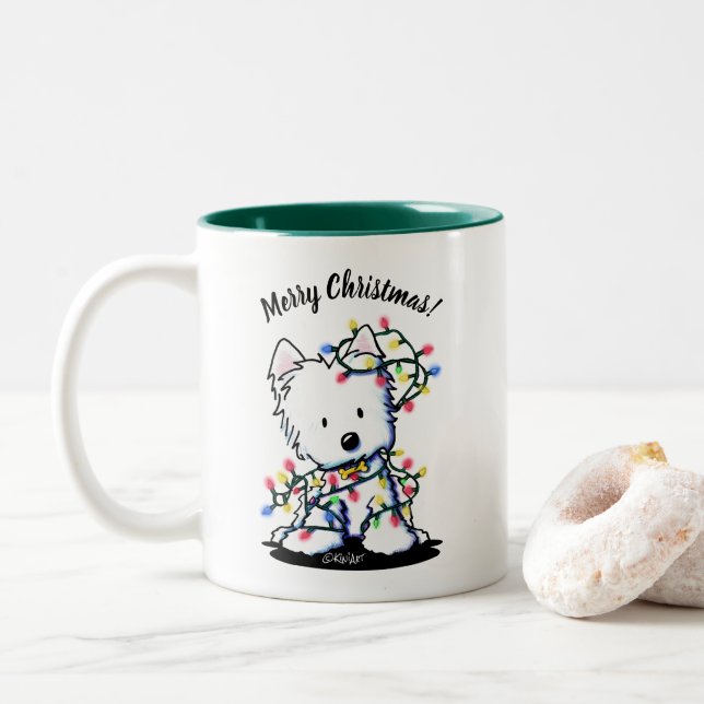 Delighted Westie Christmas KiniArt  Two-Tone Coffee Mug (With Donut)