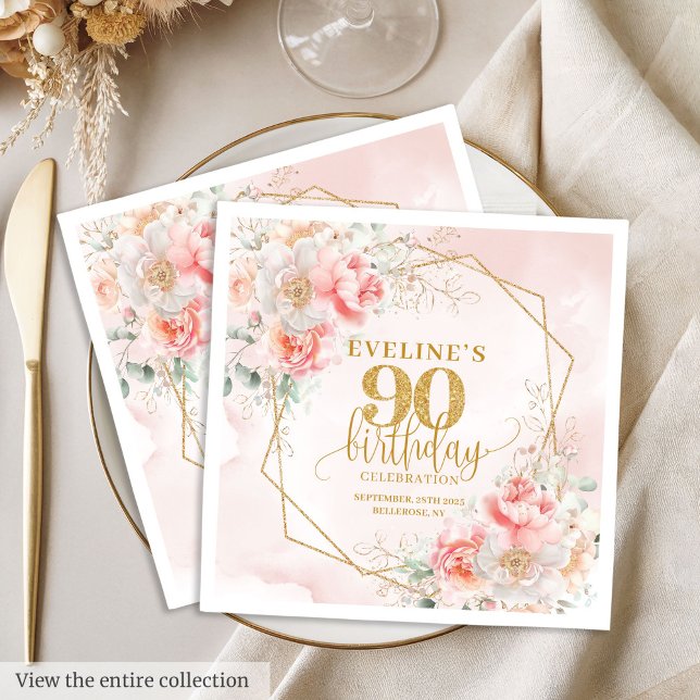 Delightful blush pink gold 90th birthday paper  napkin (Delightful blush pink gold 90th birthday paper Napkins)