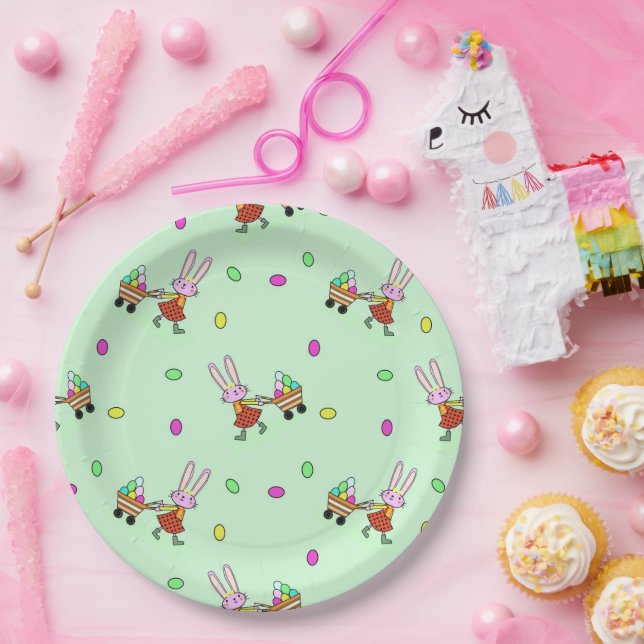 Delightful bunnies carrying Easter eggs Paper Plate (Party)
