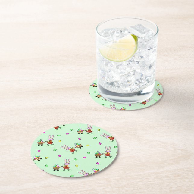 Delightful bunnies carrying Easter eggs Round Paper Coaster (Insitu)