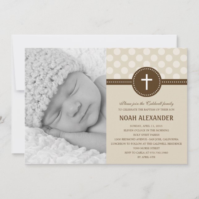 Delightful Dots Photo Christening Invitation Khaki (Front)
