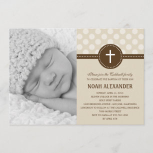 Delightful Dots Photo Christening Invitation Khaki