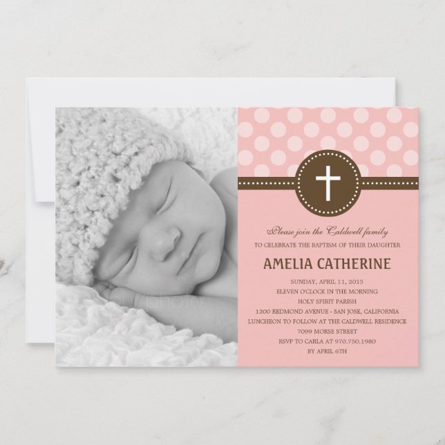 Delightful Dots Photo Christening Invitation Pink (Front)