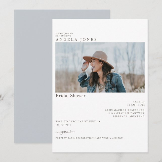 Delightful Dusty Blue Modern Photo Bridal Shower Invitation (Front/Back)