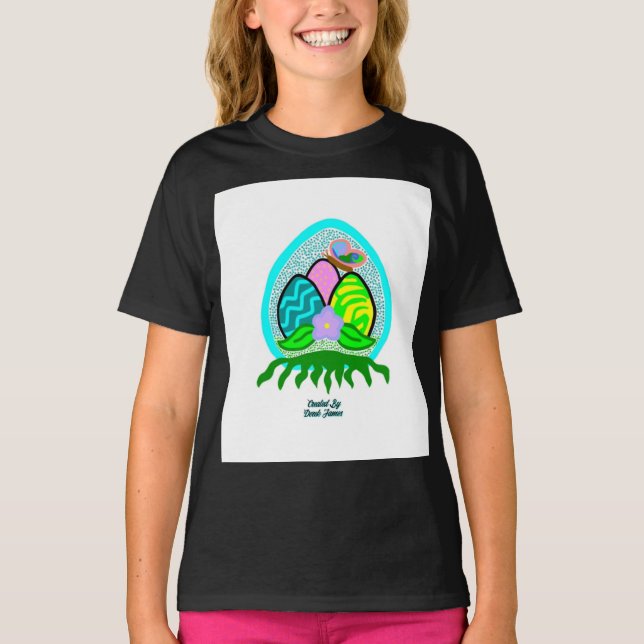 Delightful Easter Eggs Girls Black Basic T Shirt (Front)