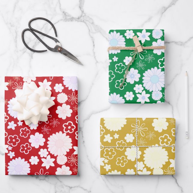DELIGHTFUL FLOWER PATTERNS IN GOLD, RED & GREEN WRAPPING PAPER SHEET (Front)
