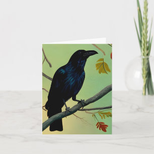 Delightful Fun Raven Perched On Branch Card