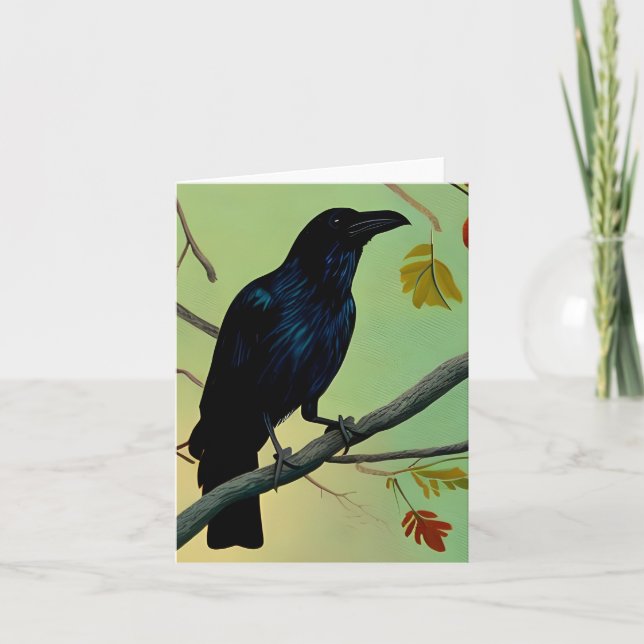 Delightful Fun Raven Perched On Branch Card (Front)