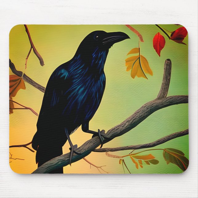Delightful Fun Raven Perched On Branch Mouse Mat (Front)