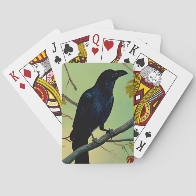 Delightful Fun Raven Perched On Branch Playing Cards (Back)
