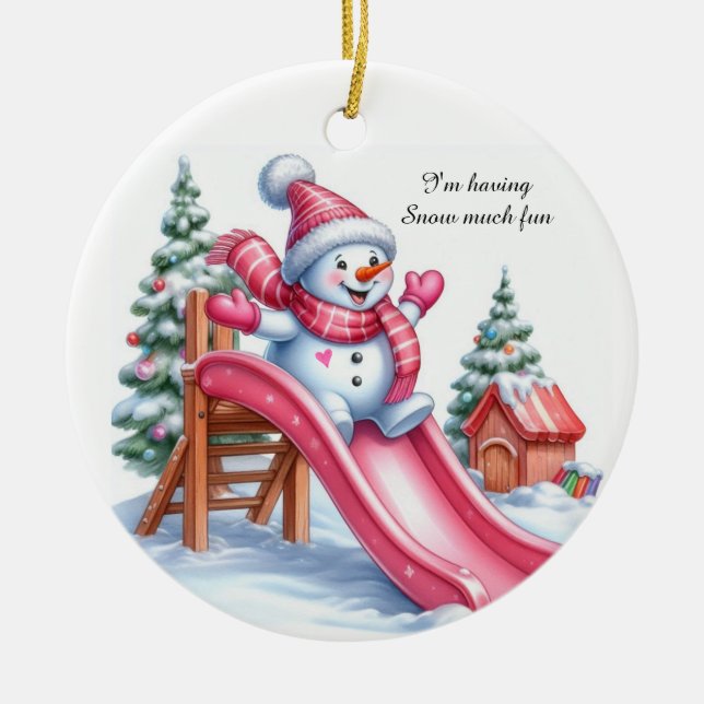 Delightful Pink Snowman Playground Fun Ceramic Tree Decoration (Front)