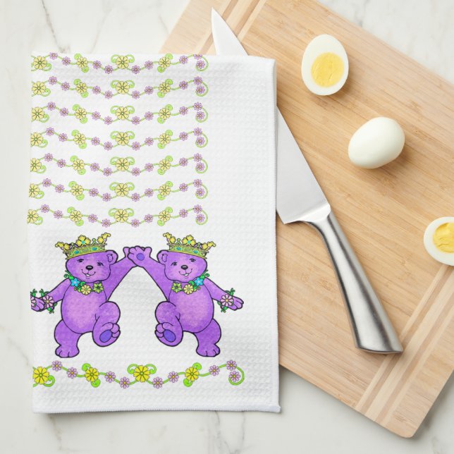 Delightful Purple Royal Teddy Bear Dance Line Tea Towel (Quarter Fold)