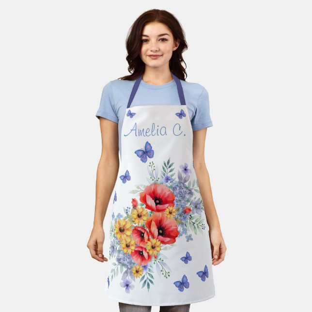 Delightful Red Poppies, Sunflowers & Butterflies  Apron (Worn)