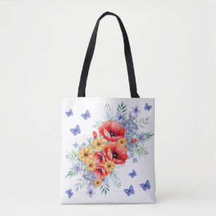 Delightful Red Poppies, Sunflowers & Butterflies Tote Bag