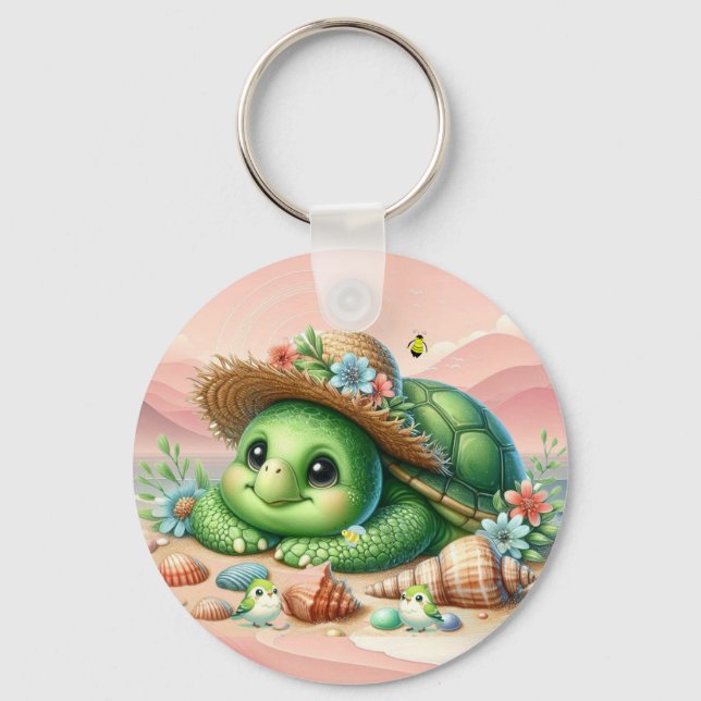 Delightful Turtle Basking on the Beach  Key Ring (Front)