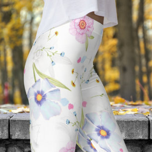 Delightful White Spring Blooms Floral Print Leggings