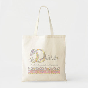 Delilah baby girls name meaning monogram hearts tote bag
