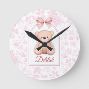 Delilah Custom Pink Teddy Bear Nursery Design Round Clock
