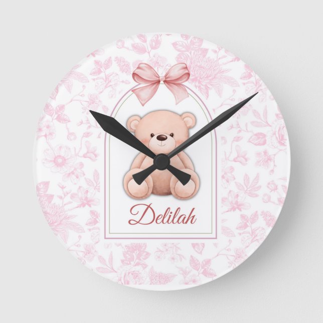 Delilah | Custom Pink Teddy Bear Nursery Design  Round Clock (Front)
