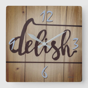 Delish Kitchen Graphics Photography Rustic Brown Square Wall Clock
