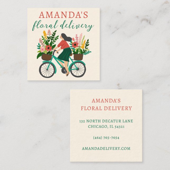 DELIVERY Cute Girl Riding Bicycle w Flowers  Square Business Card (Front/Back)