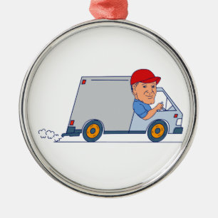 Delivery Man Driving Truck Van Cartoon Metal Tree Decoration